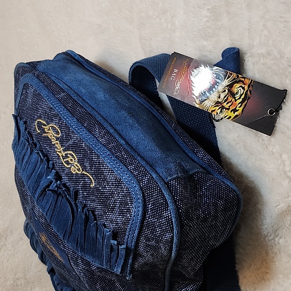 Ed Hardy Vintage Navy Felicia  Denim and Suede  Fringe Bag  Red Accents Rare- - Picture 13 of 16